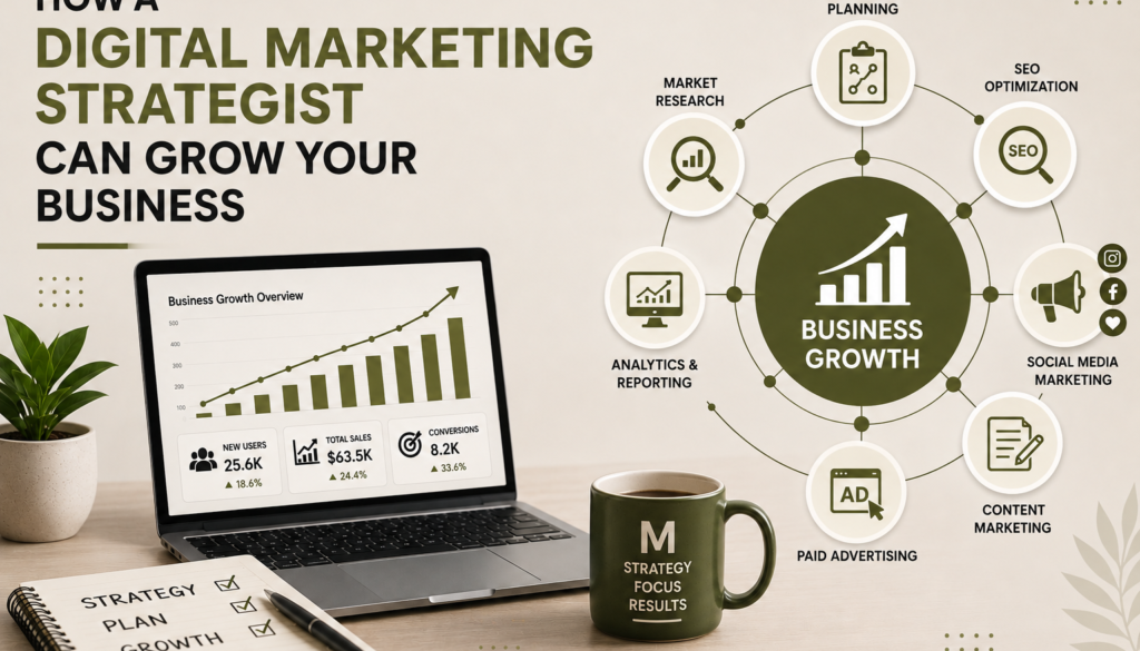 "Digital Marketing Strategist helping a business grow through SEO, social media marketing, content marketing, paid advertising, analytics, and strategic planning."