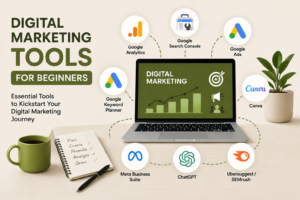 Digital marketing tools for beginners including Google Analytics, Google Search Console, Google Ads, Keyword Planner, Canva, Meta Business Suite, ChatGPT, and SEO tools.