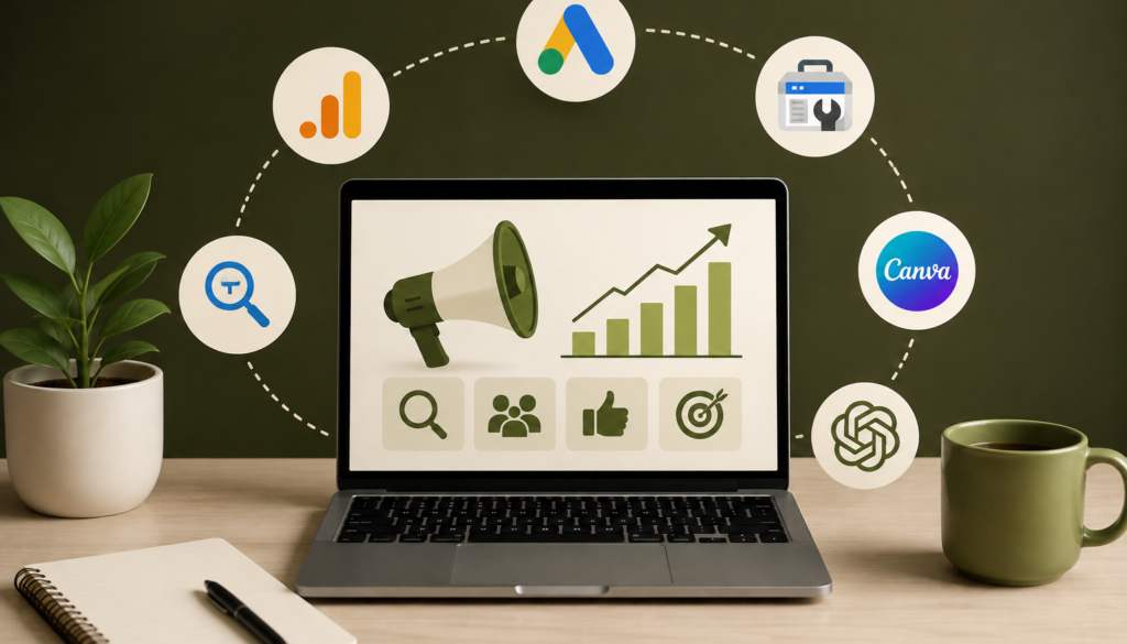 "Digital marketing tools for beginners displayed around a laptop with analytics, SEO, advertising, social media, and content marketing icons."