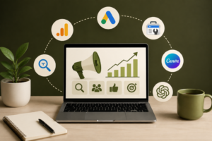 "Digital marketing tools for beginners displayed around a laptop with analytics, SEO, advertising, social media, and content marketing icons."