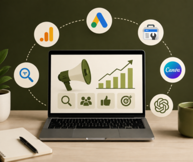 "Digital marketing tools for beginners displayed around a laptop with analytics, SEO, advertising, social media, and content marketing icons."