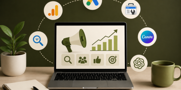 "Digital marketing tools for beginners displayed around a laptop with analytics, SEO, advertising, social media, and content marketing icons."