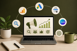 "Digital marketing tools for beginners displayed around a laptop with analytics, SEO, advertising, social media, and content marketing icons."