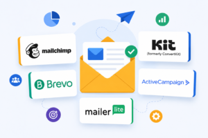 What Is the Best Email Marketing Platform displayed on a laptop dashboard with email campaign analytics and automation tools illustration featuring Mailchimp, Kit, Active Campaign, and Mailer Lite