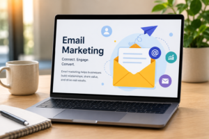 What Is the Best Email Marketing Platform displayed on a laptop dashboard with email campaign analytics and automation tools