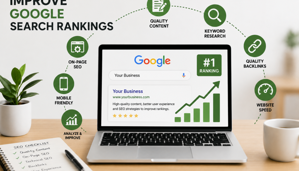 "SEO strategy to How to improve Google search rankings through quality content, keyword research, on-page SEO, backlinks, website speed, and mobile optimization."