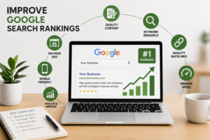 "SEO strategy to How to improve Google search rankings through quality content, keyword research, on-page SEO, backlinks, website speed, and mobile optimization."