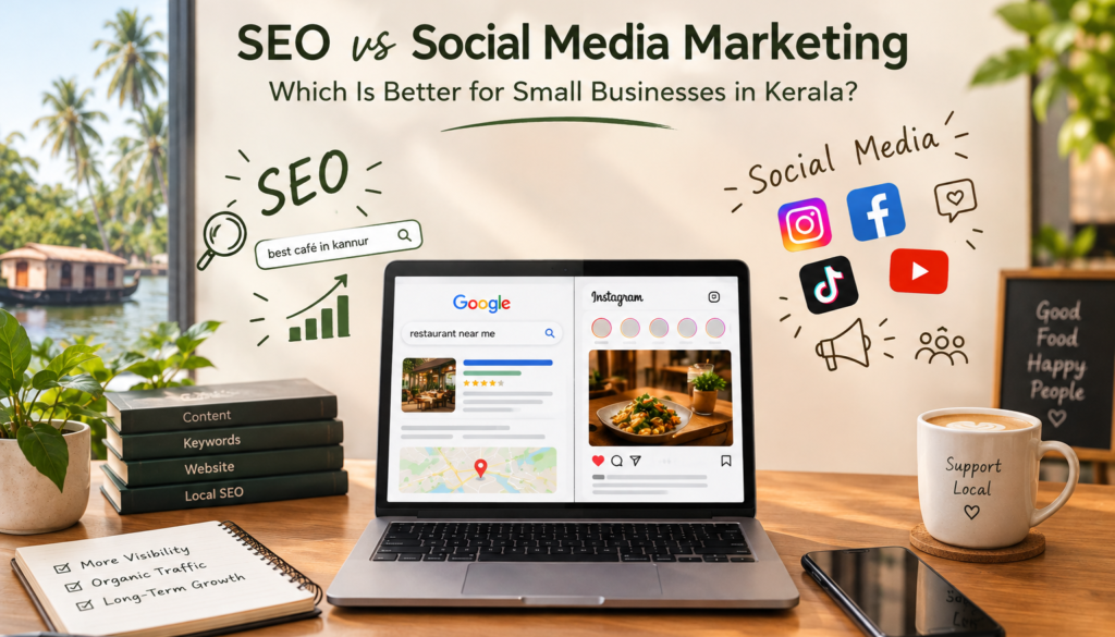 SEO vs Social Media Marketing for small businesses in Kerala to improve online visibility, attract customers, and grow business.